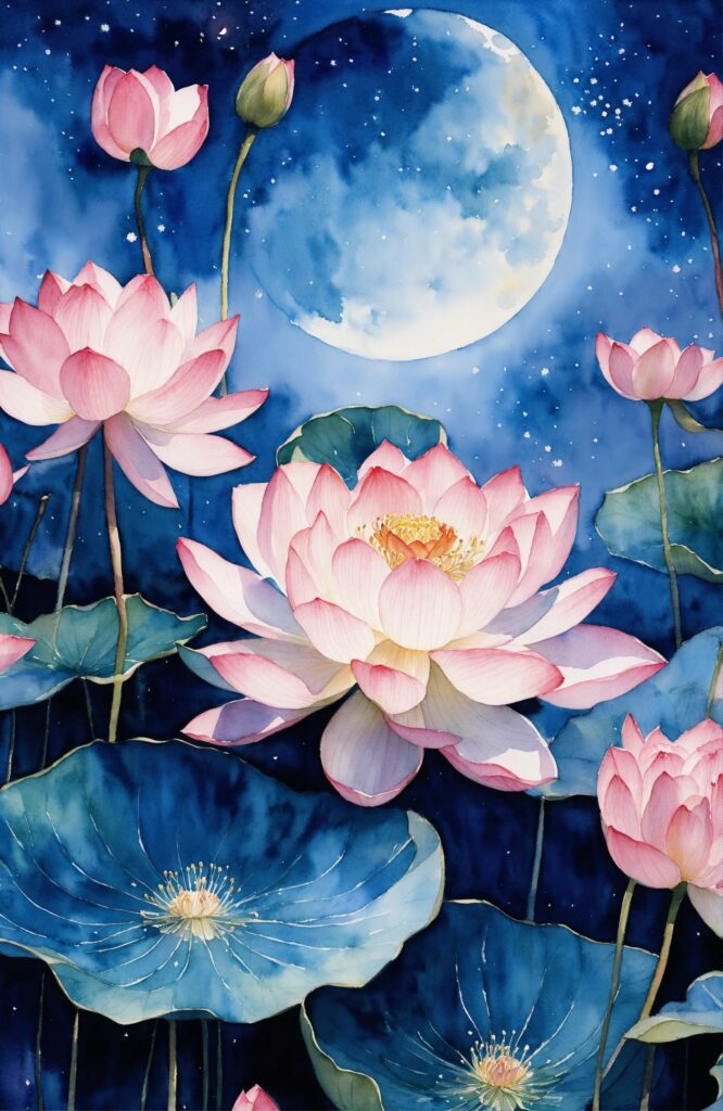  le lotus les eaux calmes, elle déploie ses pétales roses ,
Symbole de pureté, fleurs de lotus s’éclosent